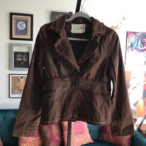 SUGAR LIPS size M Chocolate Brown Beaded Applique Deconstructed Blazer